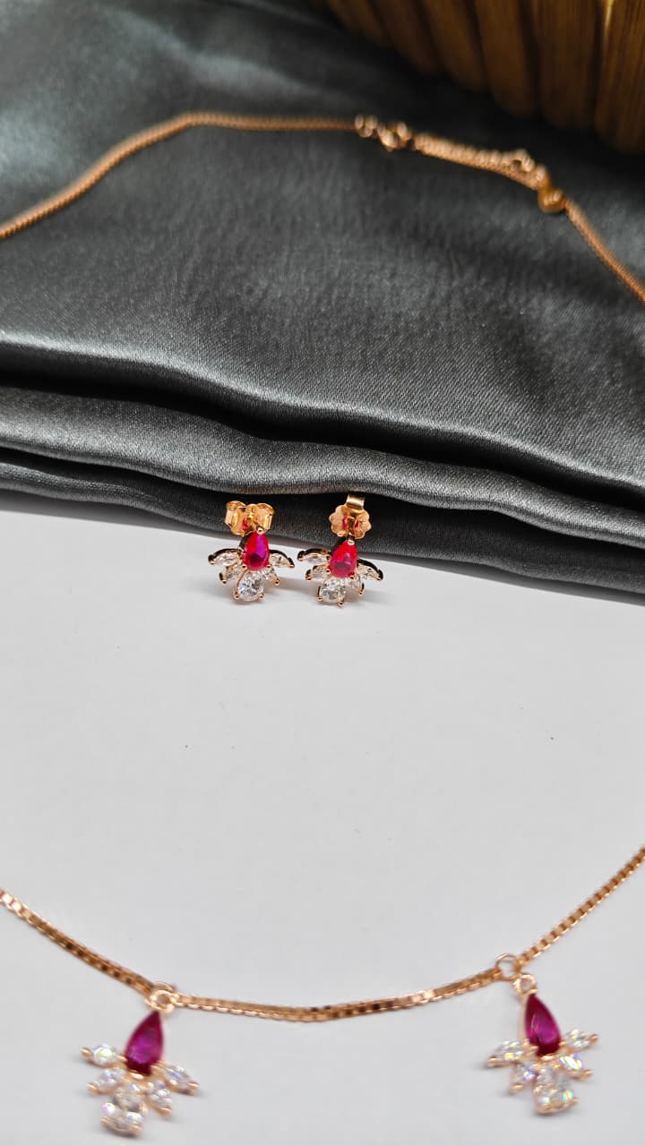 925 Silver Rose Gold Colour White With Red Stone Flower Hanging Design Set With Earring