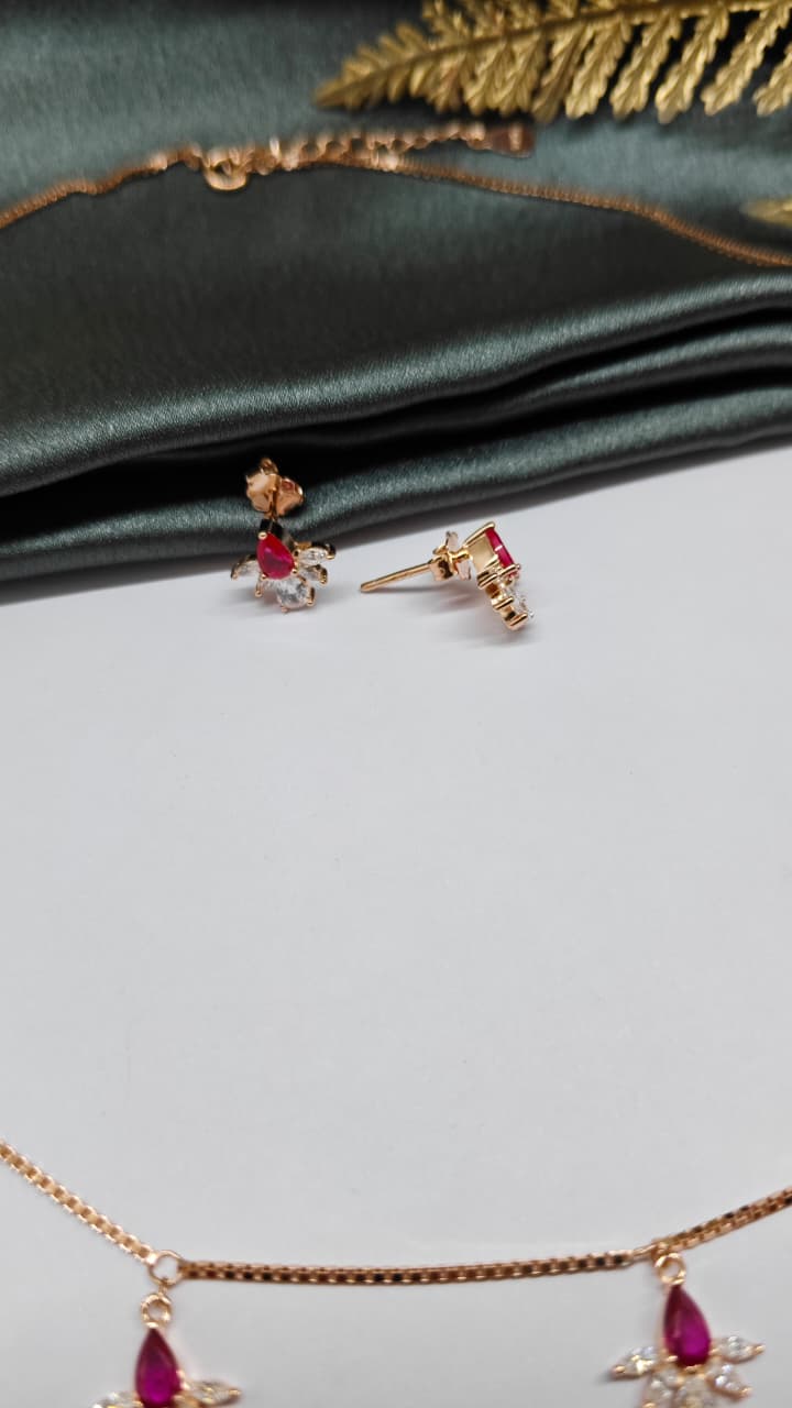 925 Silver Rose Gold Colour White With Red Stone Flower Hanging Design Set With Earring