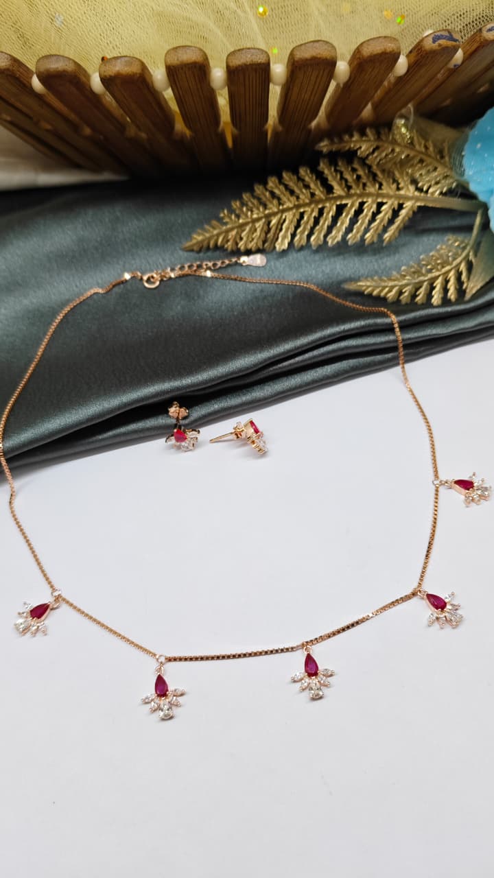 925 Silver Rose Gold Colour White With Red Stone Flower Hanging Design Set With Earring