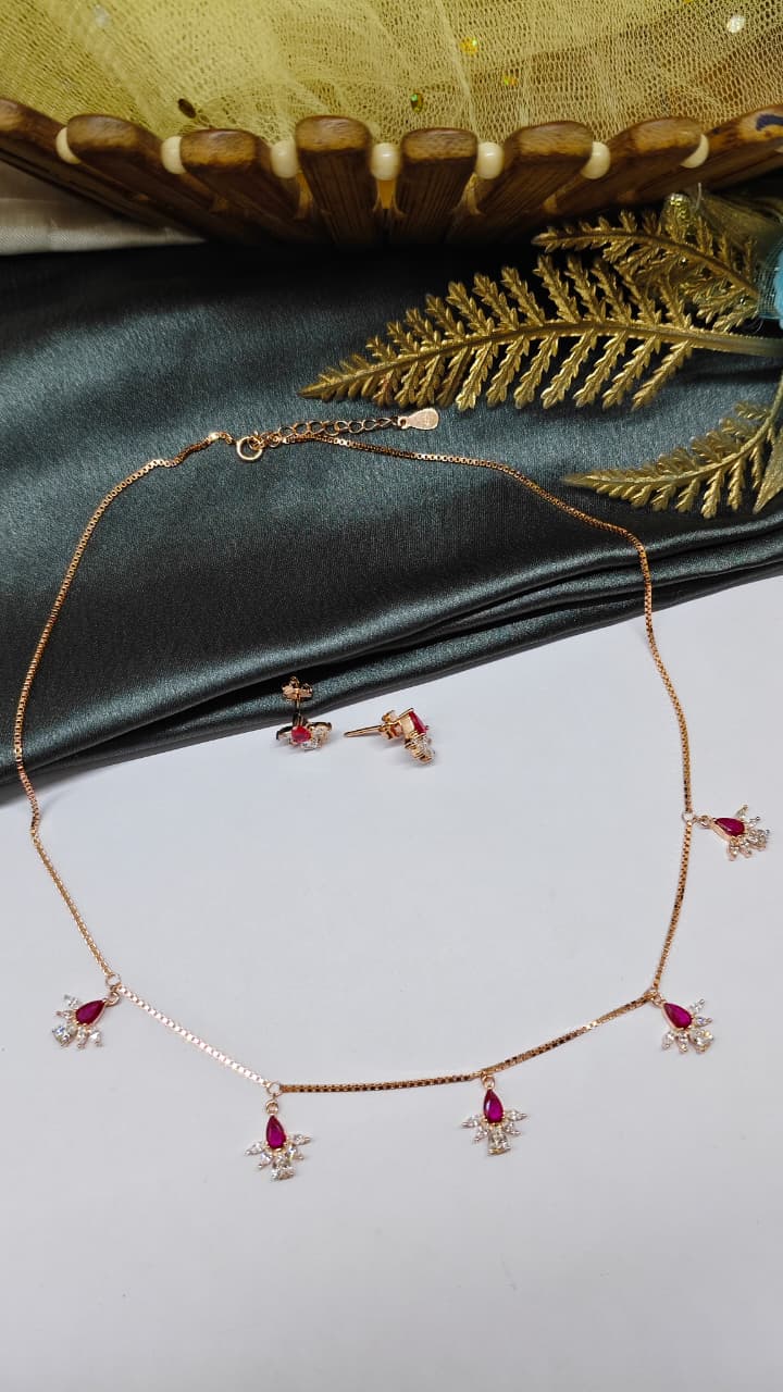 925 Silver Rose Gold Colour White With Red Stone Flower Hanging Design Set With Earring