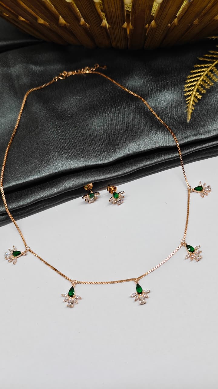 925 Silver Rose Gold Colour White With Green Stone Flower Hanging Design Set With Earring