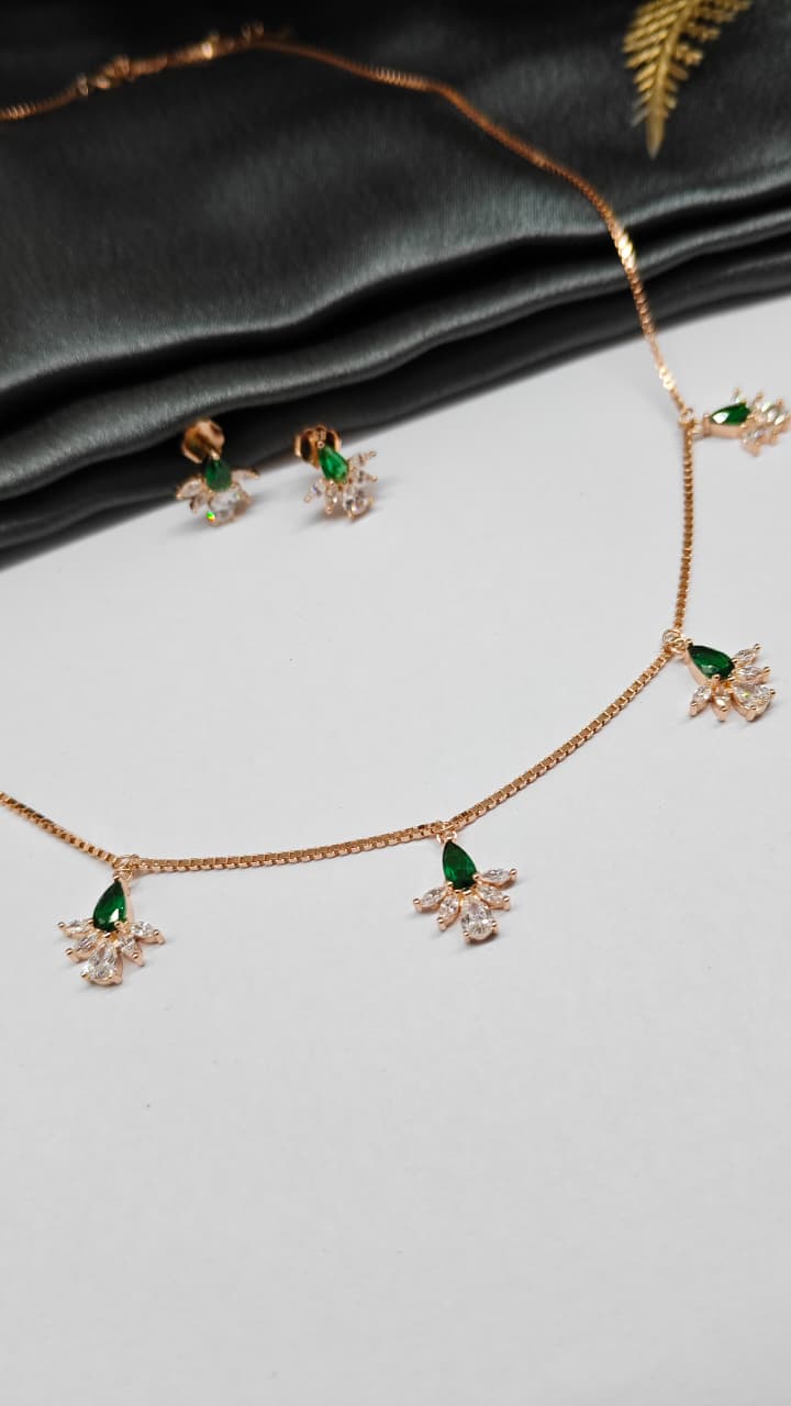 925 Silver Rose Gold Colour White With Green Stone Flower Hanging Design Set With Earring