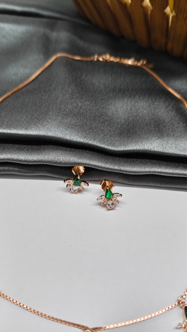 925 Silver Rose Gold Colour White With Green Stone Flower Hanging Design Set With Earring