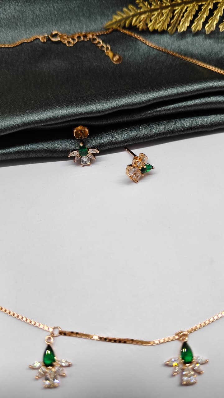 925 Silver Rose Gold Colour White With Green Stone Flower Hanging Design Set With Earring