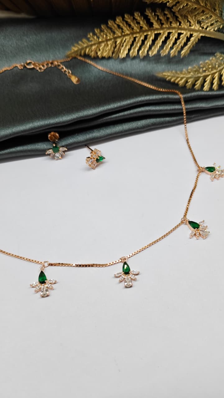 925 Silver Rose Gold Colour White With Green Stone Flower Hanging Design Set With Earring