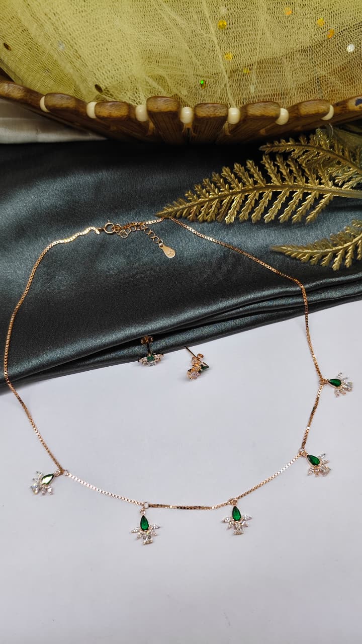925 Silver Rose Gold Colour White With Green Stone Flower Hanging Design Set With Earring