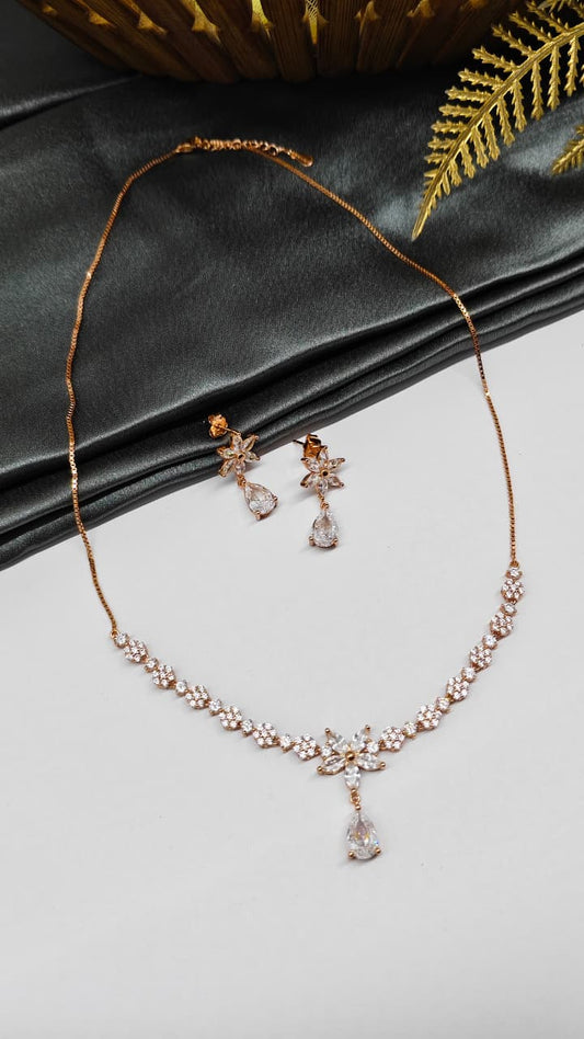 925 Silver Rose Gold Colour White Stone Star Hanging Design Set With Earring