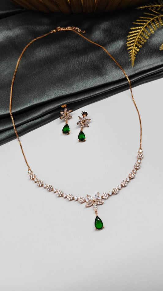 925 Silver Rose Gold Colour White With Green Stone Star Hanging Design Set With Earring