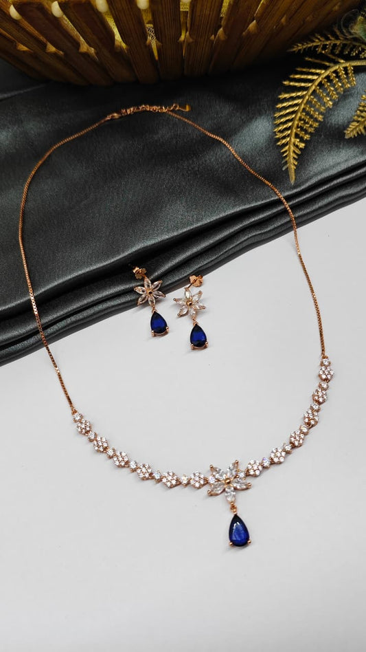 925 Silver Rose Gold Colour White With Blue Stone Star Hanging Design Set With Earring