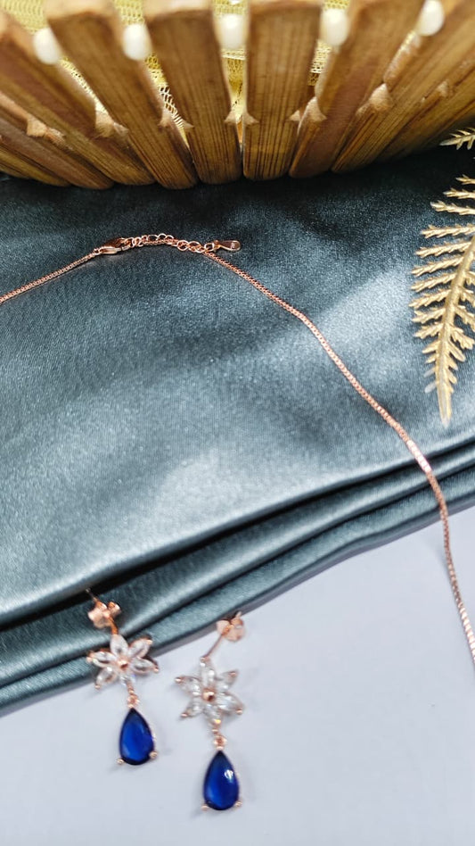 925 Silver Rose Gold Colour White With Blue Stone Star Hanging Design Set With Earring