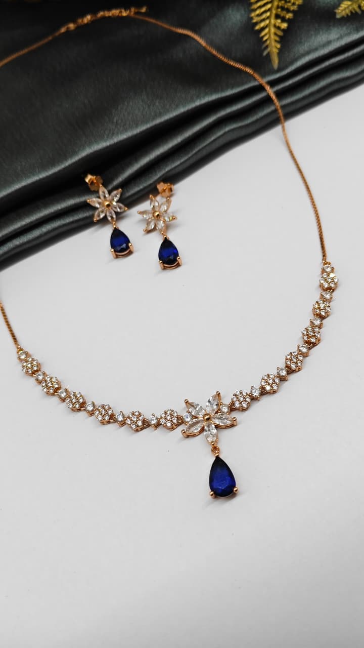 925 Silver Rose Gold Colour White With Blue Stone Star Hanging Design Set With Earring