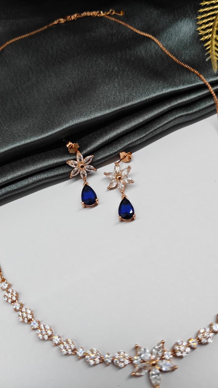 925 Silver Rose Gold Colour White With Blue Stone Star Hanging Design Set With Earring