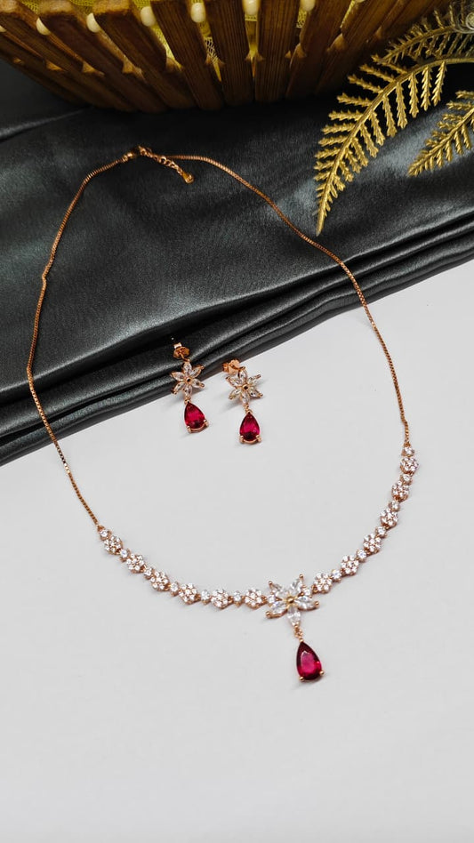 925 Silver Rose Gold Colour White With Red Stone Star Hanging Design Set With Earring