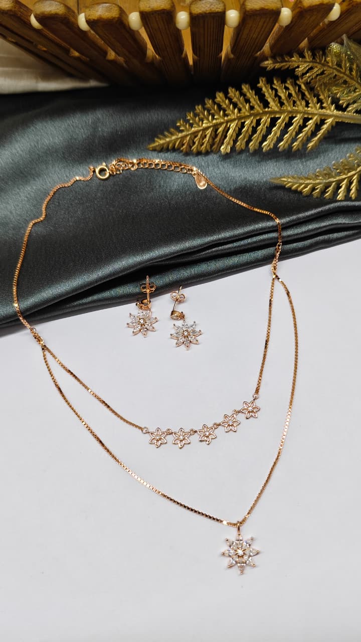 925 Silver Rose Gold Colour White Stone Star Double Layer Hanging Design Set With Earring