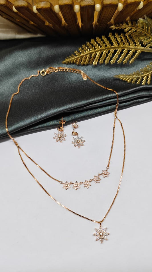 925 Silver Rose Gold Colour White Stone Star Double Layer Hanging Design Set With Earring