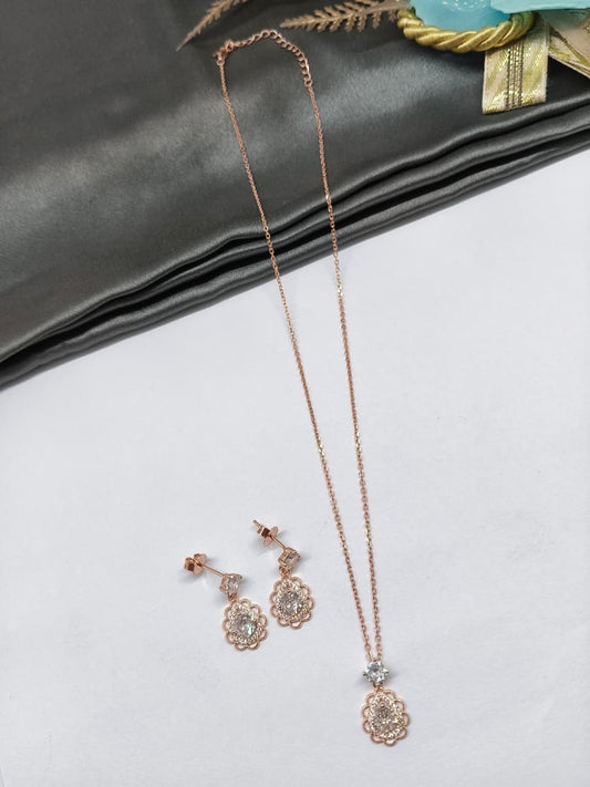 925 Silver Rose Gold Colour White Stone Solitare Design Neckles Set With Earrings