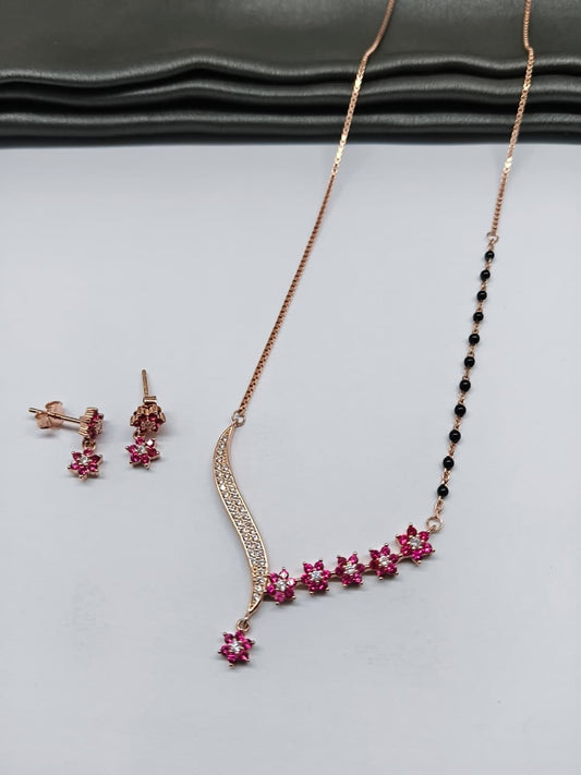 925 Silver Y Design White Stone With Pink Stone Single Side Black Beads Mangalsutra Set Witgh Earrings
