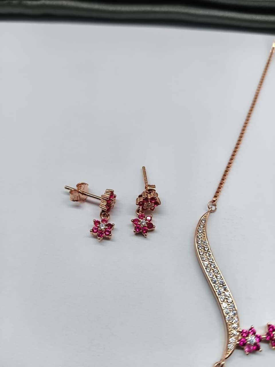 925 Silver Y Design White Stone With Pink Stone Single Side Black Beads Mangalsutra Set Witgh Earrings