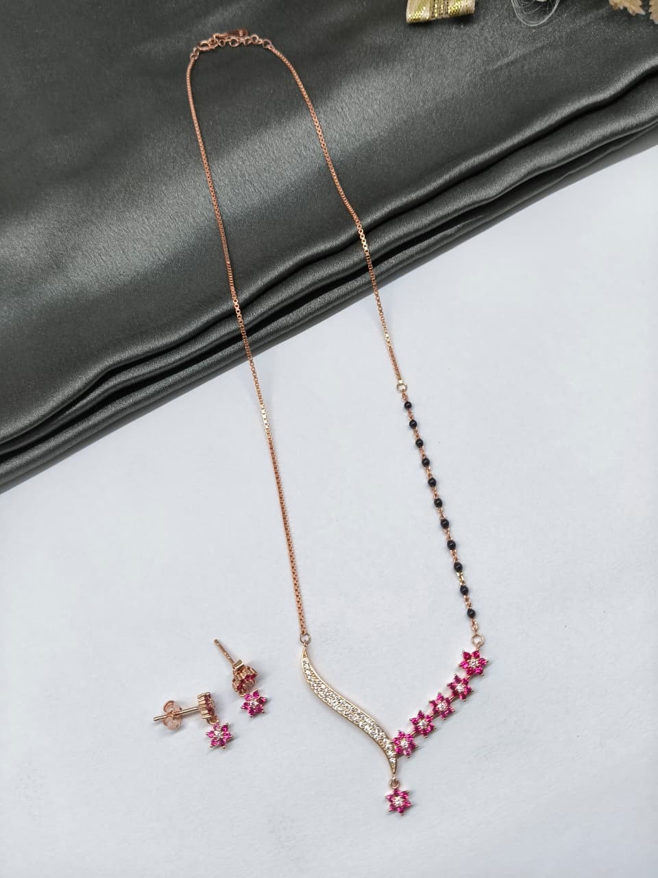 925 Silver Y Design White Stone With Pink Stone Single Side Black Beads Mangalsutra Set Witgh Earrings
