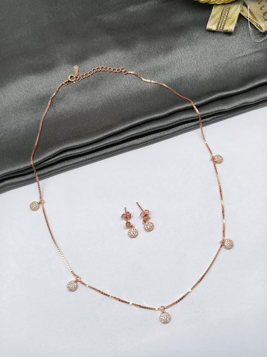 925 Silver Rose Gold Colour Single Side Ball Hanging Design Stone Necklace Set