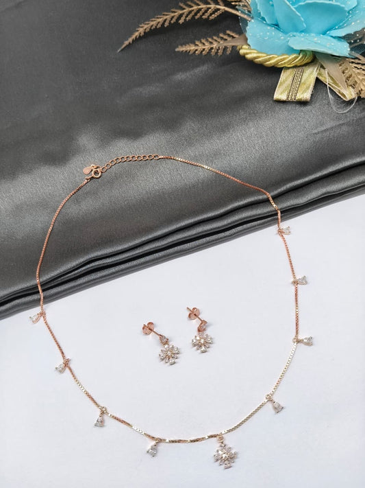925 Silver Rose Gold Colour Star With Drops Hanging Design Stone Necklace Set