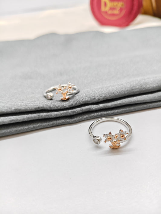 925 Silver Two Tone Rose With Silver Colour Double Tree Design Toe Rings