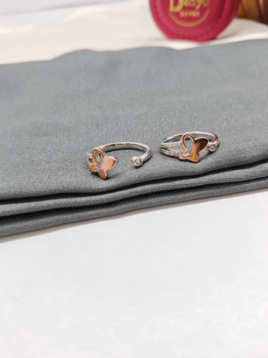 925 Silver Two Tone Rose With Silver Colour Butterfly Design Toe Rings