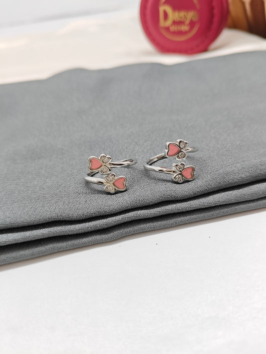 925 Silver Pink Enamel With White Stone Rose Design Toe Rings