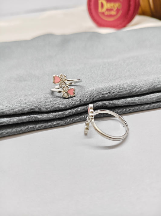925 Silver Pink Enamel With White Stone Rose Design Toe Rings
