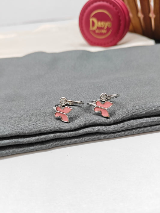925 Silver Pink Enamel With White Stone Butterfly Design Toe Rings