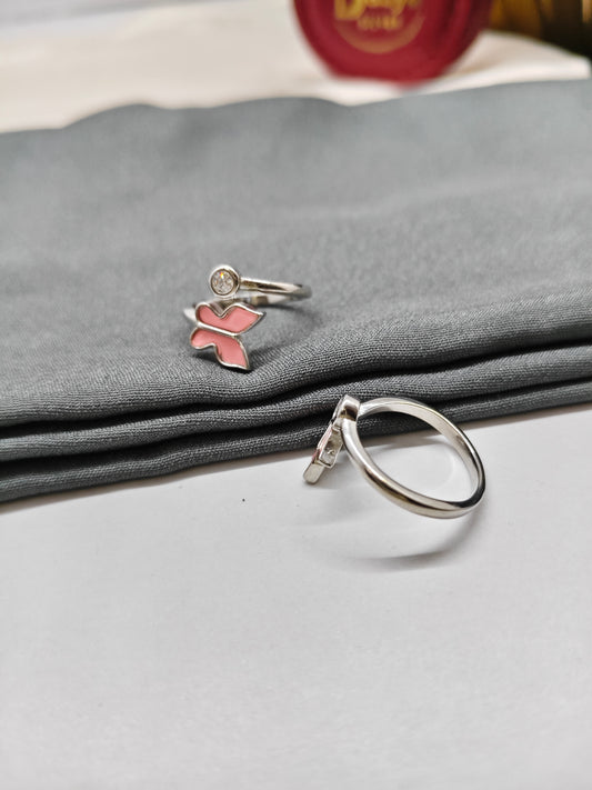 925 Silver Pink Enamel With White Stone Butterfly Design Toe Rings
