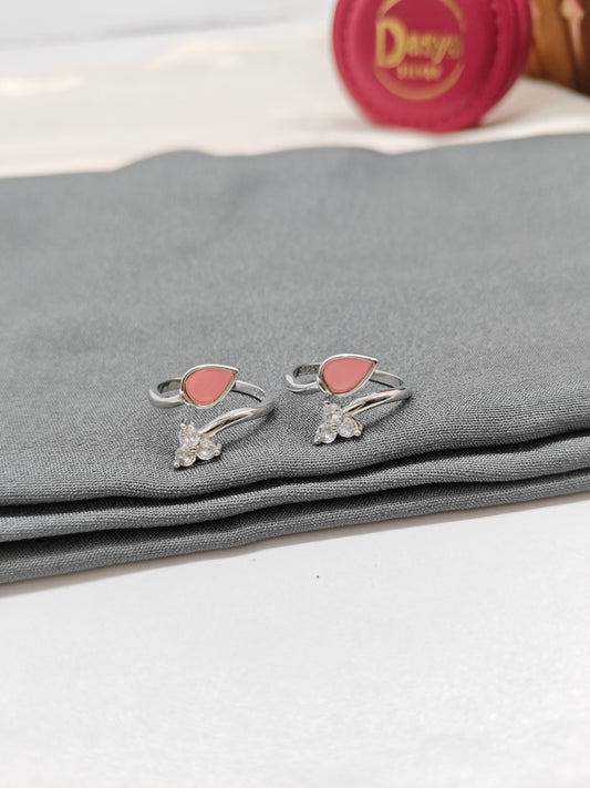 925 Silver Pink Enamel With White Stone Tilak Design Toe Rings