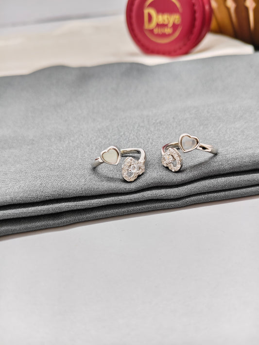 925 Silver MOP With White Stone Double Heart Design Toe Rings