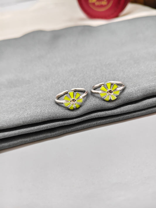 925 Silver Green Enamel Colour Flower Design Toe Rings