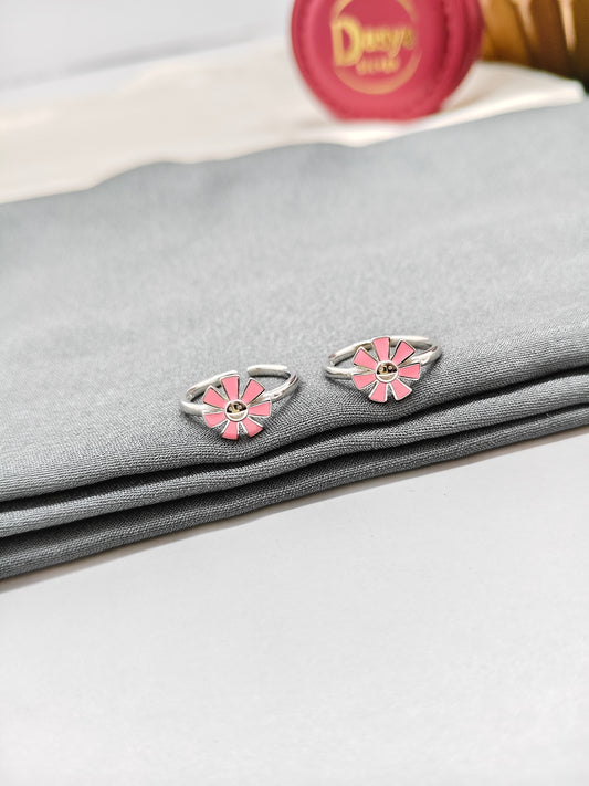925 Silver Pink Enamel Colour Flower Design Toe Rings