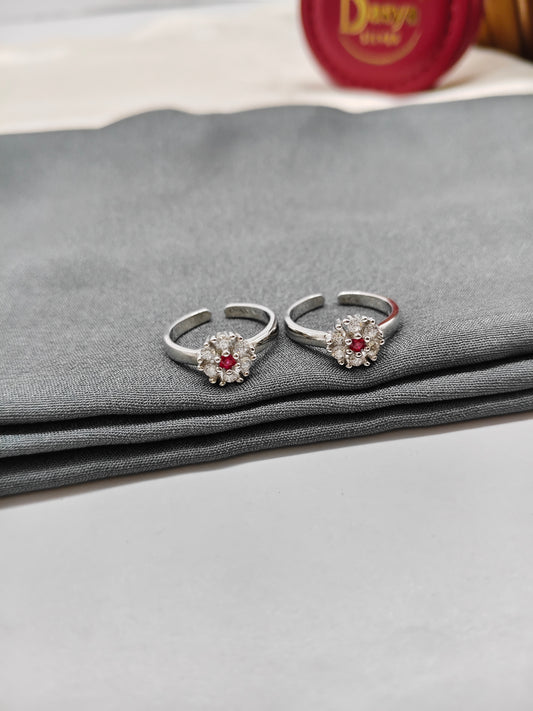 925 Silver Ruby With White Stone Round Design Toe Rings