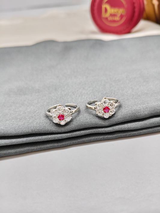 925 Silver Ruby With White Stone Double Star Design Toe Rings