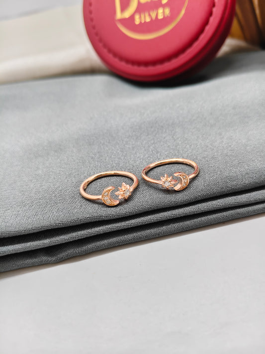 925 Silver Rose Gold Colour Moon And Star Design Toe Rings
