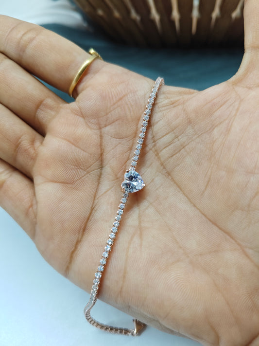 925 Silver Rose Gold Colour Heart Design With White Stone Bracelet