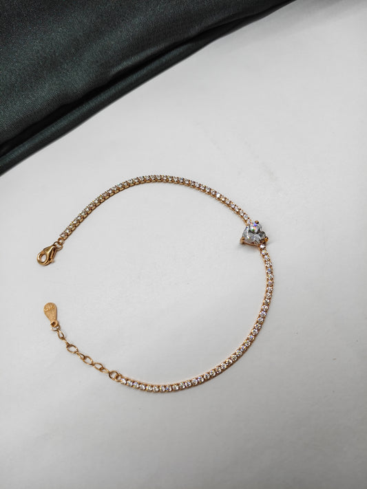 925 Silver Rose Gold Colour Heart Design With White Stone Bracelet