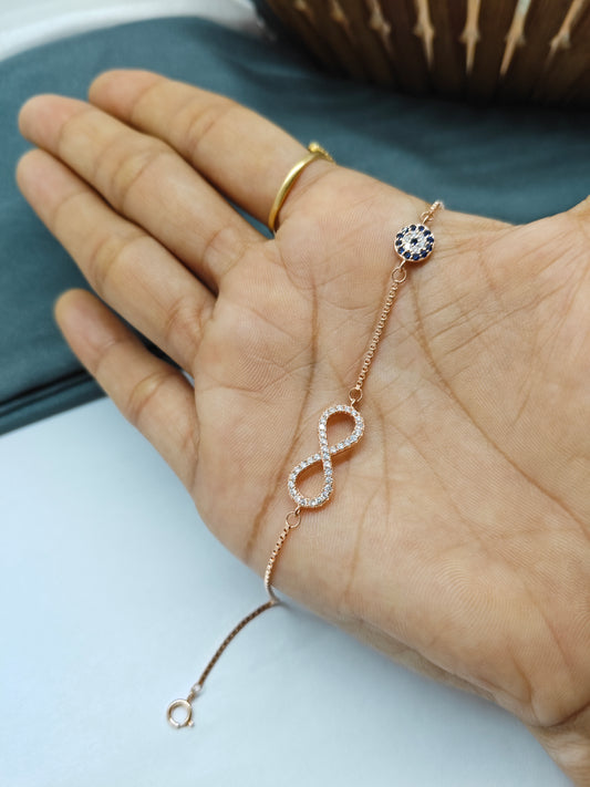 925 Silver Rose Gold Colour Evil Eye With Infinity Design Bracelet