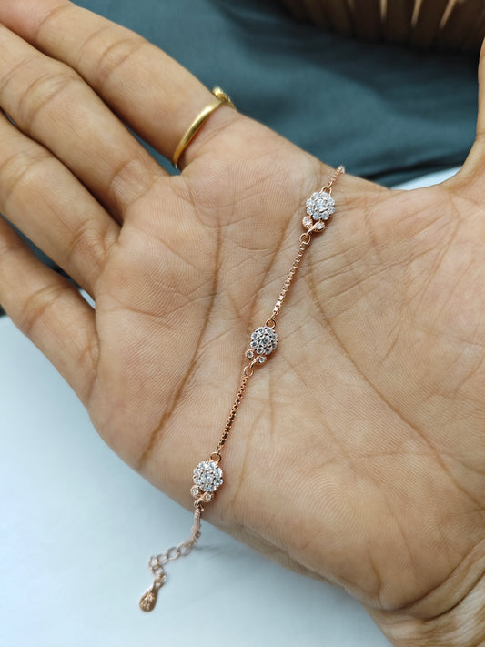 925 Silver Rose Gold Colour Flower Design Bracelet