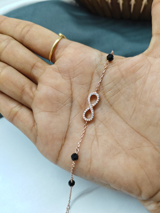 925 Silver Rose Gold Colour Black Beads With Infinite Design Bracelet