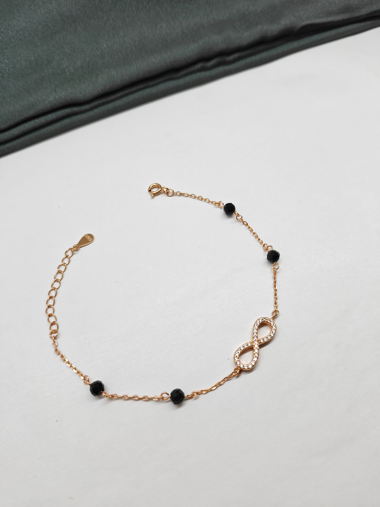 925 Silver Rose Gold Colour Black Beads With Infinite Design Bracelet