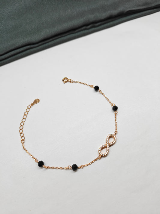 925 Silver Rose Gold Colour Black Beads With Infinite Design Bracelet