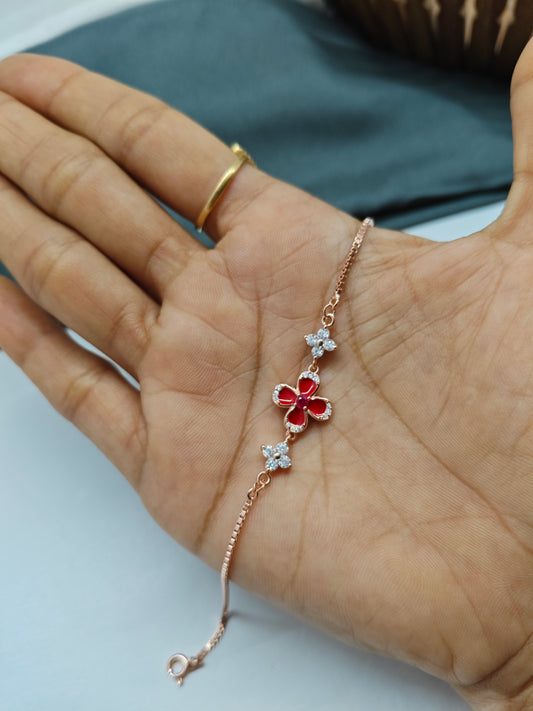 925 Silver Rose Gold Colour Red Enamel Flower Design Bracelet