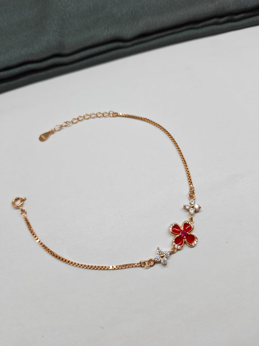 925 Silver Rose Gold Colour Red Enamel Flower Design Bracelet
