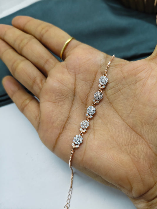 925 Silver Rose Gold Colour 5 Flower Design Bracelet