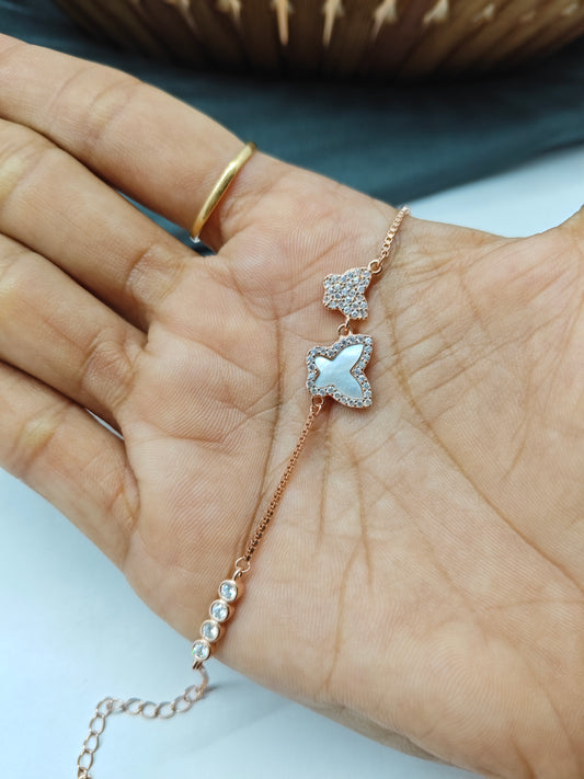 925 Silver Rose Gold Colour MOP Double Butterfly Design Bracelet