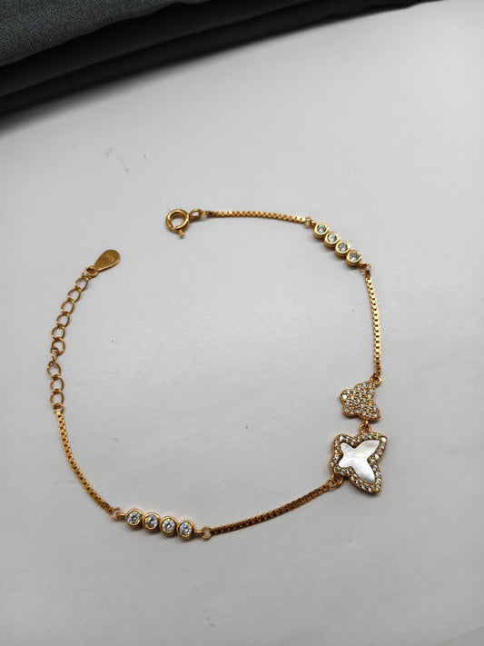 925 Silver Rose Gold Colour MOP Double Butterfly Design Bracelet